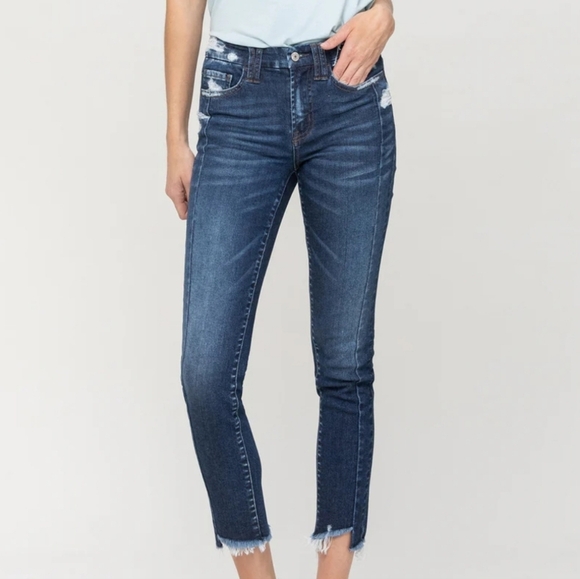 Vervet Excuses Mid Rise Distressed Slim Straight Jeans Dark Wash - Picture 7 of 9